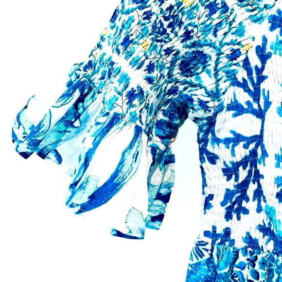 Antica Sartoria Dress Cover Up Blue & White Boho One Size Ruffle Sleeve - Picture 2 of 7